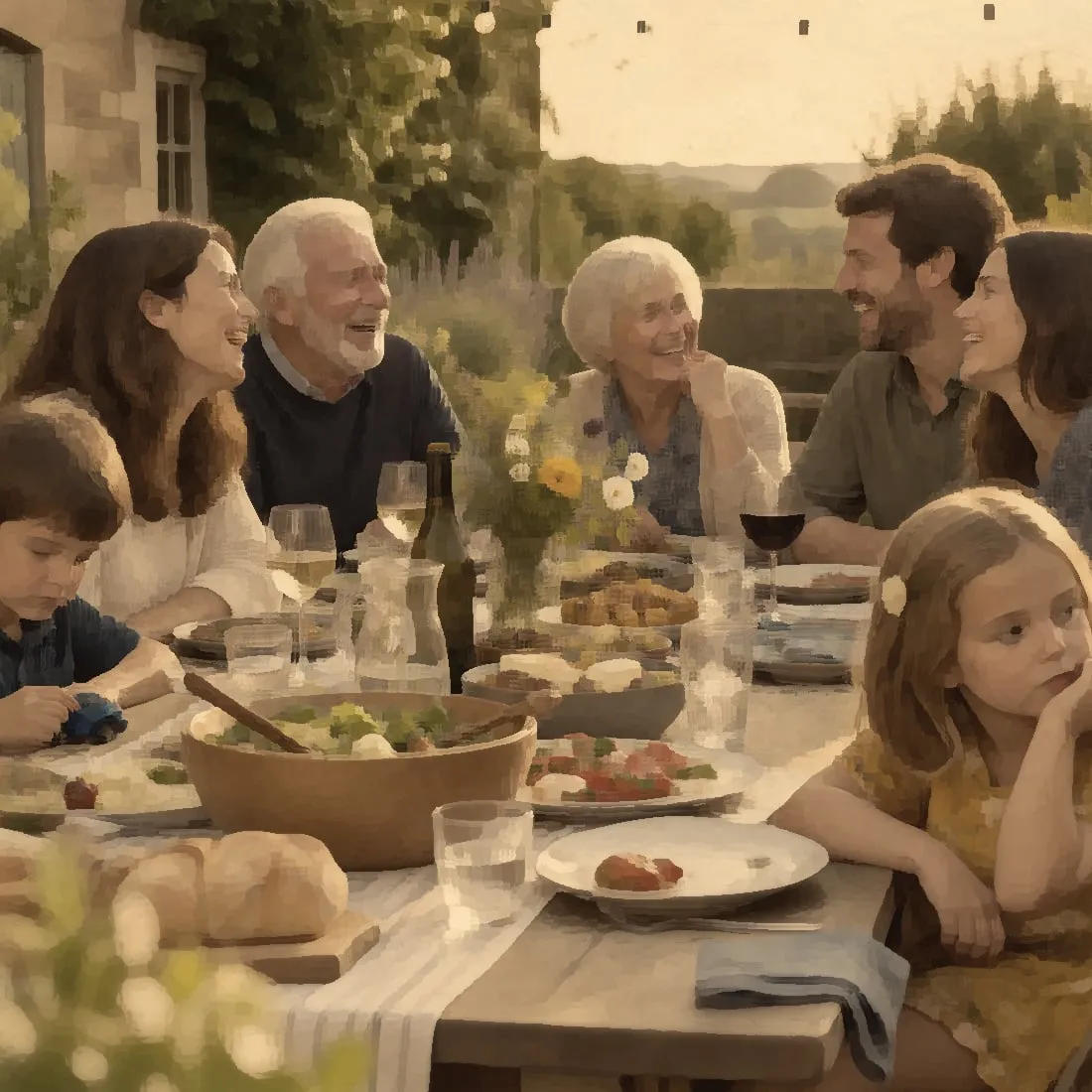 Three generations of a family laughing together around a long table outdoors at golden hour