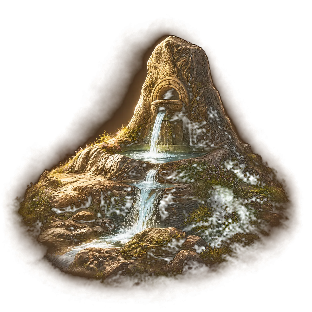 The fountain: a small carved stone spring with water spilling down the rocks